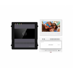 Kit videointercom IP Hikvision DS-KIS704EY/AL kit-ul contine: 1x DS- KH7300EY-WTE2/WH, 1x DS-KD-ACW1, 1x DS-KD7003EY-IME2/AL, 1x