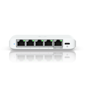 Ubiquiti USW-Flex-2.5G-5, 5 porturi RJ45 1/2.5 GbE, capacitate 25 Gbps, 1 adaptor de alimentare AC, 5V DC, 1A, 1 PoE (PairA 1, 2