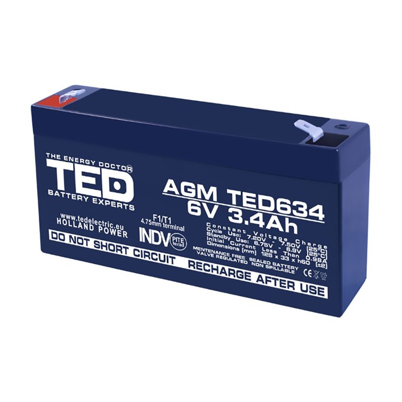 Acumulator AGM TED634F1 6V 3.4Ah F1