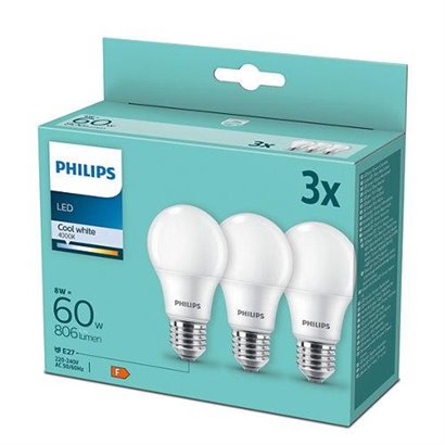 Pachet 3 becuri LED Philips, A60, E27, 8